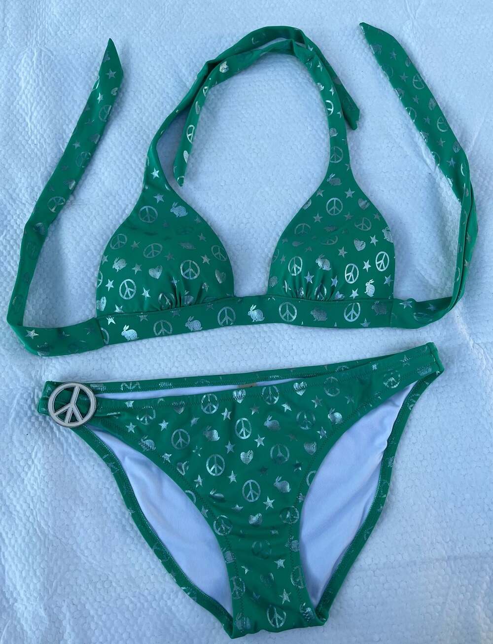 Vintage 2008 Victoria's Secret Green Peace Sign Rabbit Print Bikini Set